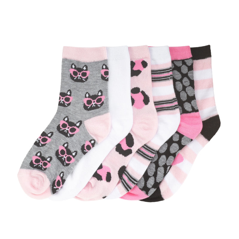 6-pack low quarter socks, pink/white/grey/black cat and stripe patterns