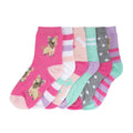6-pack low quarter socks in pink, striped, teal, and gray with dog and dot designs