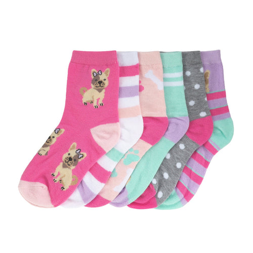 6-pack low quarter socks in pink, striped, teal, and gray with dog and dot designs