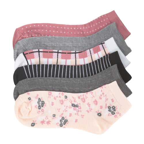 6-pack low quarter socks in mauve, gray, white plaid, black stripes, and floral designs