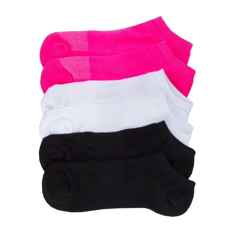 6-pack medium no-show socks: pink, white, and black pairs with cushioned heel
