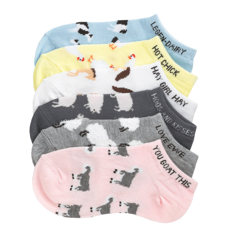 6-pack medium no-show socks with pastel farm animal print, cushioned heel and toe