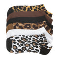6-pack medium no-show socks with leopard prints in brown, black, and white