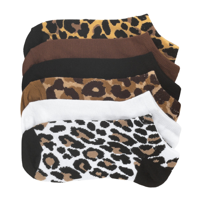 6-pack medium no-show socks with leopard prints in brown, black, and white