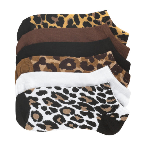 6-pack medium no-show socks with leopard prints in brown, black, and white