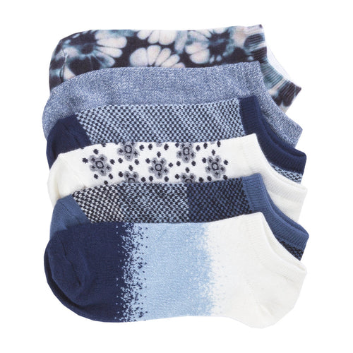 6-pack no-show socks, blue with floral, tie-dye, checkered, and striped patterns