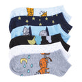 No-show socks multipack with cat and star patterns in blue, gray, and black