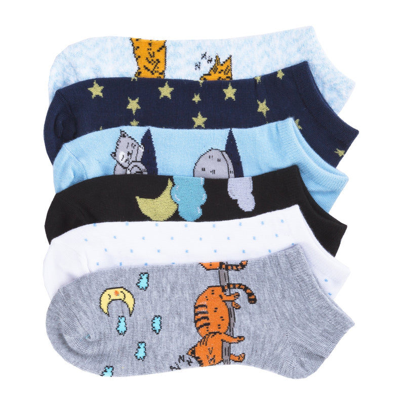 No-show socks multipack with cat and star patterns in blue, gray, and black
