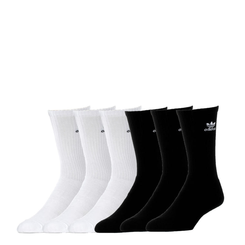 6-pack crew socks in white and black, ribbed mid-calf with small logo