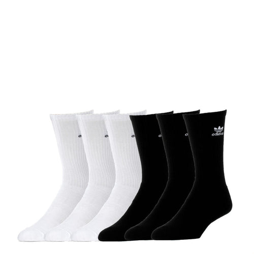 6-pack crew socks in white and black, ribbed mid-calf with small logo