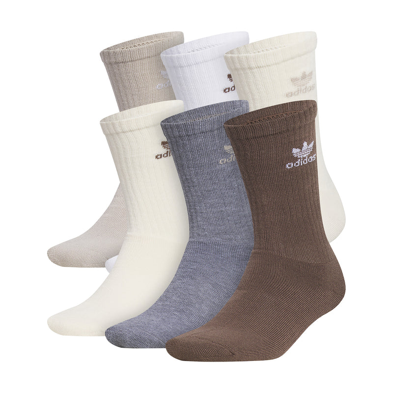 6-pack crew socks set with adidas logo, assorted beige, white, blue, and brown.