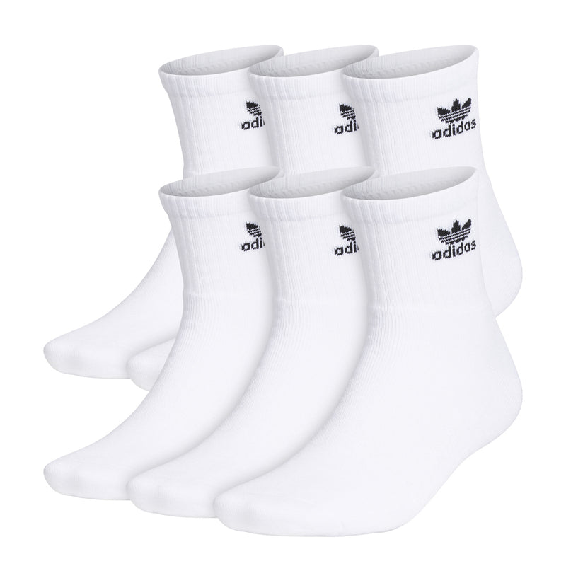Six-pack white quarter crew socks with adidas logo on cuff