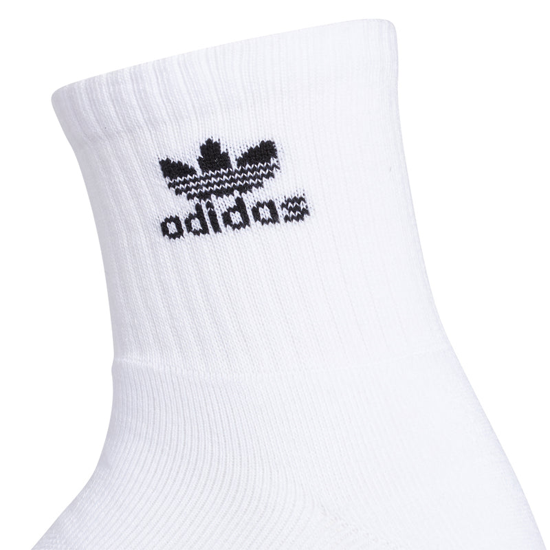 White quarter crew sock with black adidas logo on cuff