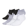 6 pack no-show socks in black, gray, and white with white logo