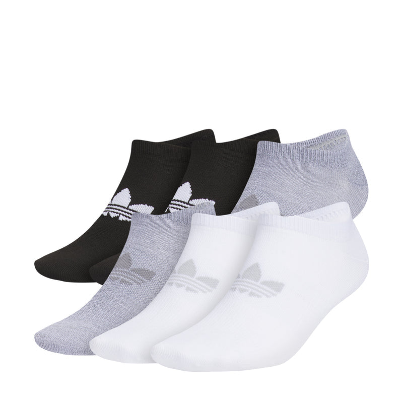 6 pack no-show socks in black, gray, and white with white logo