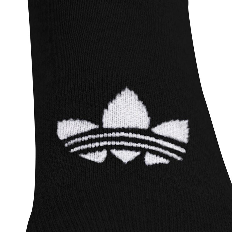 Black no-show sock with white logo stripes and trefoil graphic