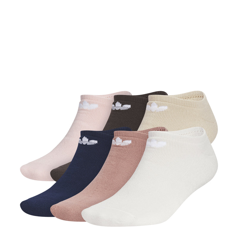 6-pack no-show socks in pink, navy, and beige with trefoil logo
