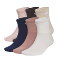 6-pack quarter crew socks, assorted pink, navy, tan tones with trefoil logo