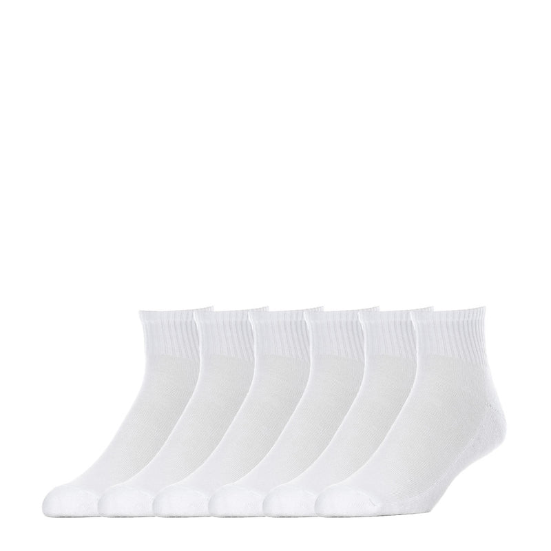 6-pack white quarter crew socks with ribbed knit and cushioned foot