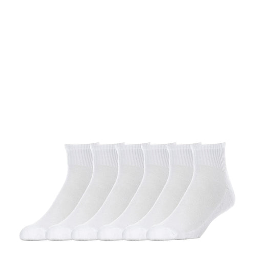 6-pack white quarter crew socks with ribbed knit and cushioned foot