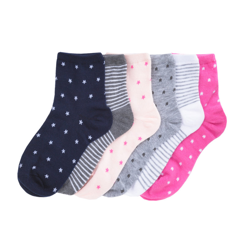 6-pack quarter crew socks in navy, pink, white, and gray with stars and stripes