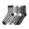 6-pack medium quarter socks with houndstooth, zebra, leopard, and striped patterns in black/gray