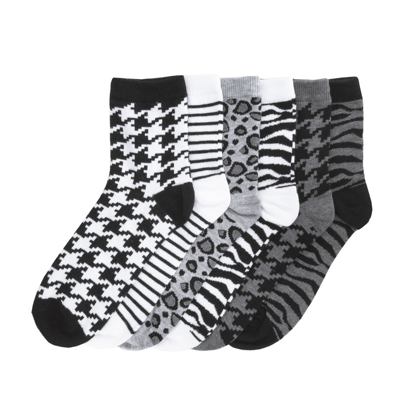 6-pack medium quarter socks with houndstooth, zebra, leopard, and striped patterns in black/gray