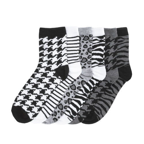 6-pack medium quarter socks with houndstooth, zebra, leopard, and striped patterns in black/gray
