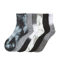 Six-pack medium quarter crew socks, black/white/gray tie-dye ombre knit