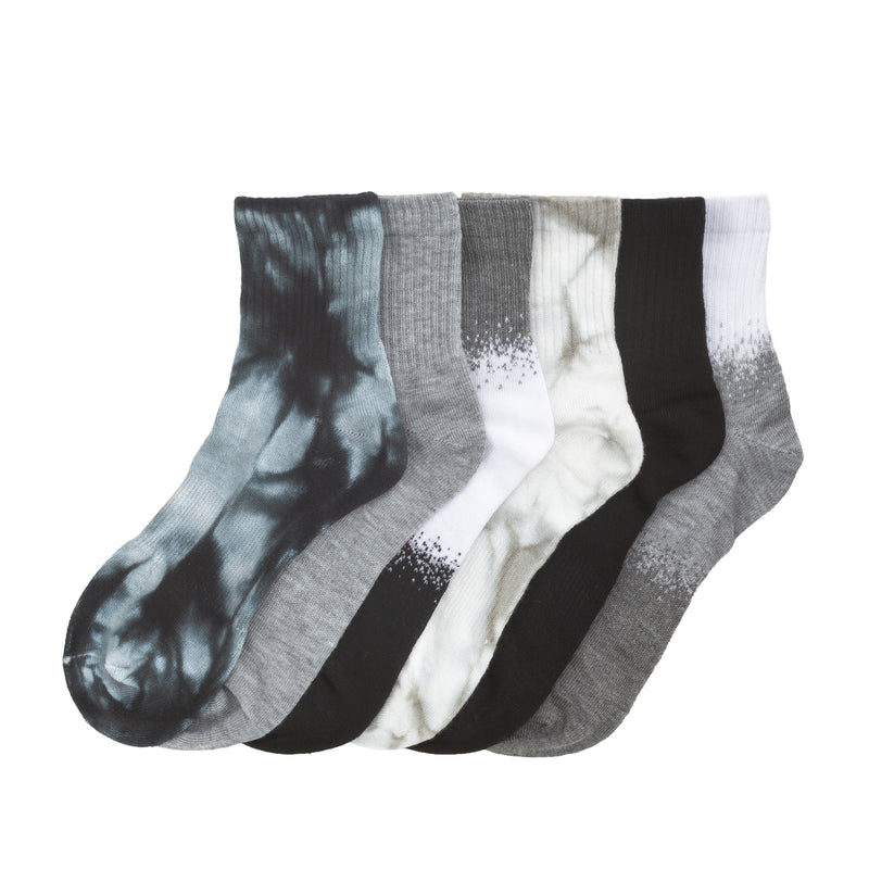 Six-pack medium quarter crew socks, black/white/gray tie-dye ombre knit