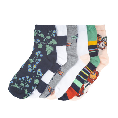 6-pack medium quarter socks with floral, dragonfly, animal and striped patterns