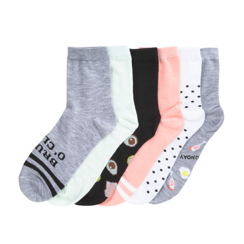 Six-pack quarter socks in heather grey, mint, black, peach, and patterned white.