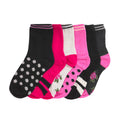 6-pack quarter socks in pink, white, and black with dot and stripe patterns