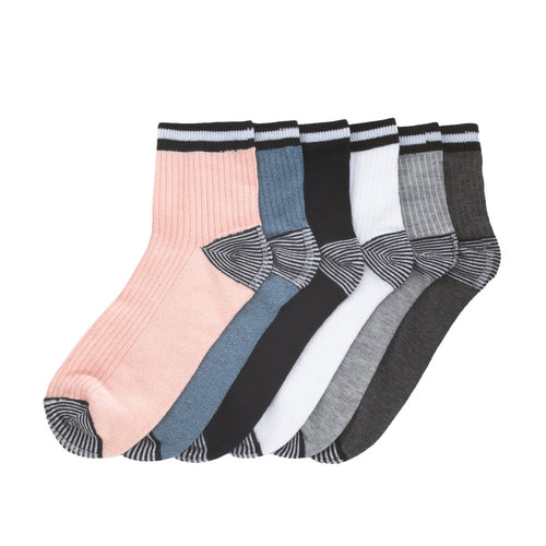 6-pack medium quarter socks with ribbed striped cuffs and heel-toe accents in pink, blue, white, gray, and black