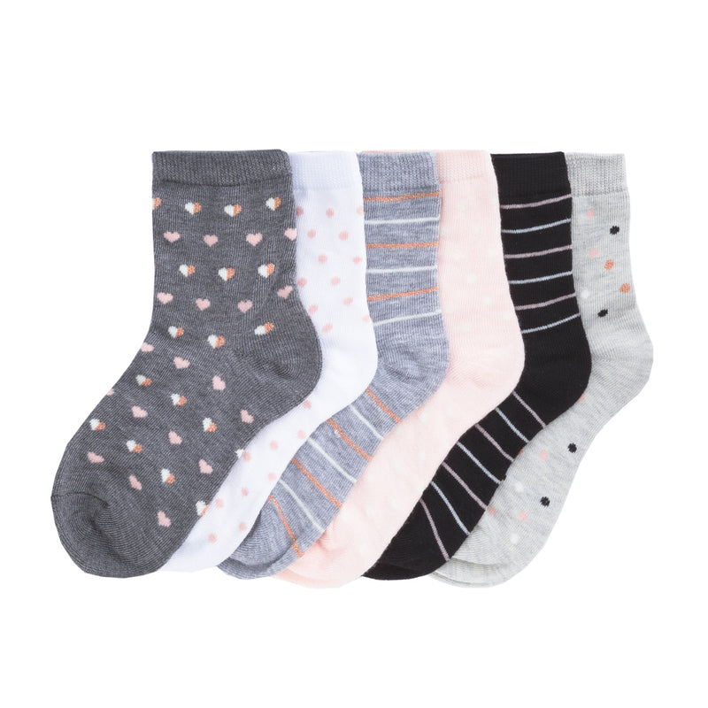 6-pack medium quarter socks: grey with pink/gold dots, light pink, striped accents