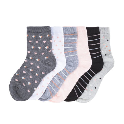 6-pack medium quarter socks: grey with pink/gold dots, light pink, striped accents