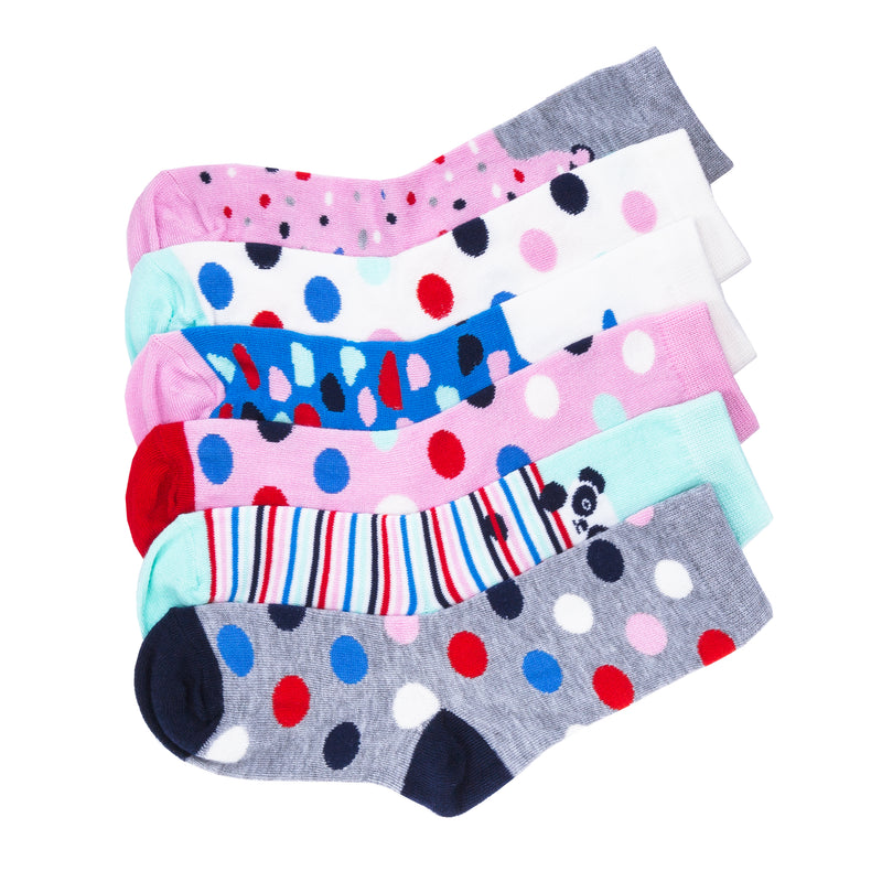 6-pack crew socks with colorful polka-dot and wildlife patterns in pink, blue, gray, red