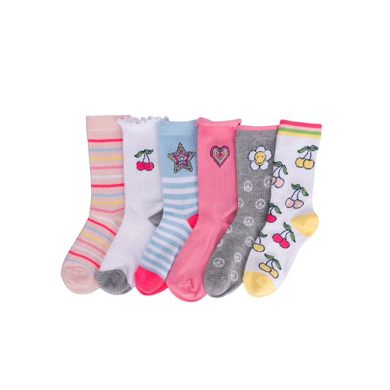 Set of 6 kids crew socks with cherries, hearts, flowers, stars, and stripes