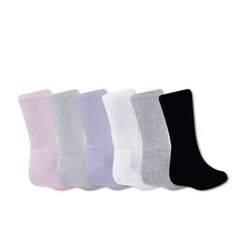 Six-pack crew socks in pink, light blue, lavender, white, gray, and black