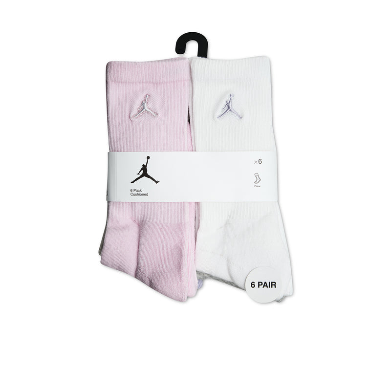 6-pack crew socks in pink and white, folded with hang-tag