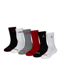 6-pack crew socks with JORDAN branding in black, white, gray, and red