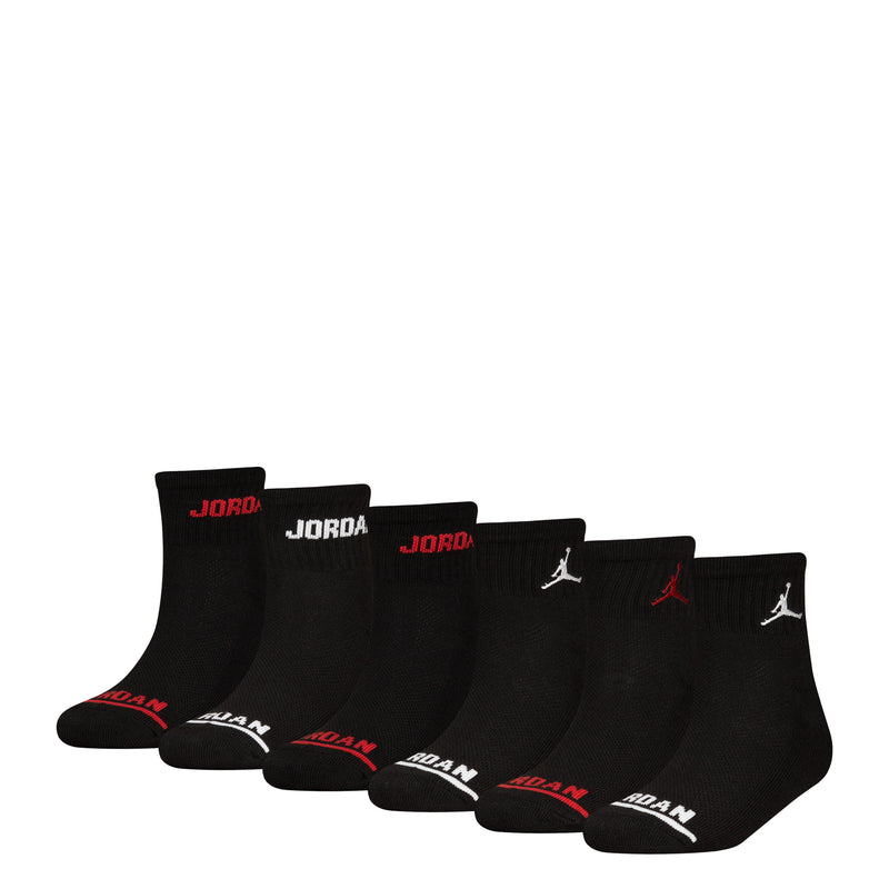 Black quarter crew socks with JORDAN logo and Jumpman at toe, red accents