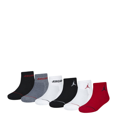 6-pack quarter crew socks in black, white, gray, and red with Jumpman logos