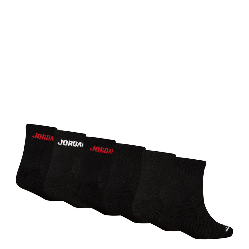 Black quarter crew socks with JORDAN text on cuff and Jumpman branding, red details