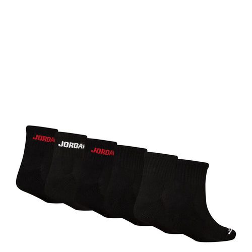 Black quarter crew socks with JORDAN text on cuff and Jumpman branding, red details