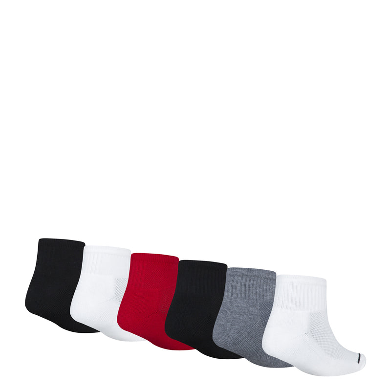 6-pack quarter crew socks laid out in black, red, gray, and white with Jumpman