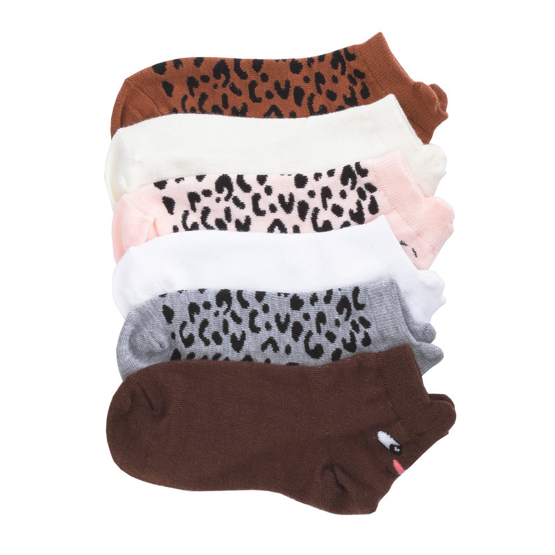 Kids low-cut socks, 6-pack, leopard face patterns in brown, pink, white, gray