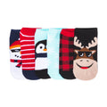 6-pack no-show socks in red, white, black, and blue with penguin, moose, and plaid