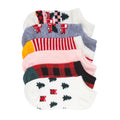 Six-pack no-show socks with Christmas patterns in red, green, and cream