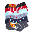 6-pack quarter socks with red, striped and animal prints in black, gray, and blue